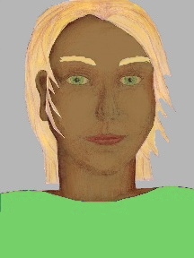 a portrait of a person with caramel skin, blonde hair, and a light green coloured shirt