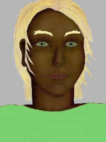 a portrait of a person with chocolate skin, blonde hair, and a light greenl coloured shirt