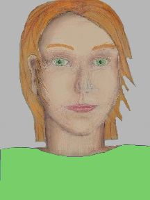 a portrait of a person with cream skin, red hair, and a light green coloured shirt