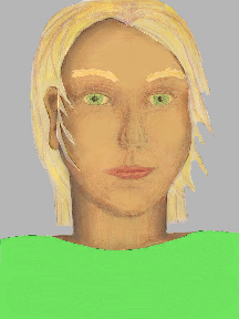 a portrait of a person with golden skin, blonde hair, and a light green coloured shirt
