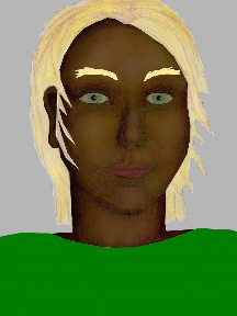 a portrait of a person with chocolate skin, blonde hair, and a emerald green coloured shirt