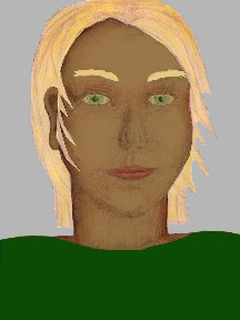 a portrait of a person with caramel skin, blonde hair, and a green coloured shirt