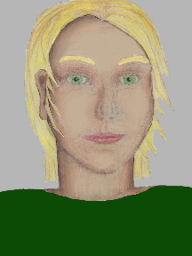 a portrait of a person with cream skin, blonde hair, and a green coloured shirt
