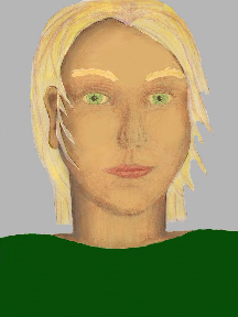 a portrait of a person with golden skin, blonde hair, and a greeen coloured shirt