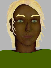 a portrait of a person with chocolate skin, blonde hair, and a olive green coloured shirt