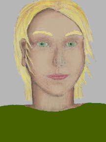a portrait of a person with cream skin, blonde hair, and a olive greenl coloured shirt