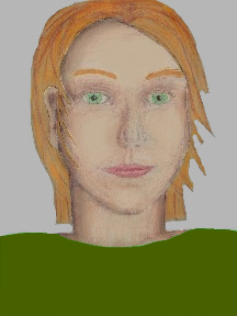 a portrait of a person with cream skin, red hair, and a olive green coloured shirt