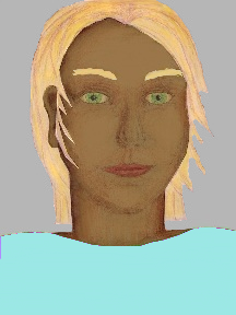 a portrait of a person with caramel skin, blonde hair, and a light turquoise coloured shirt