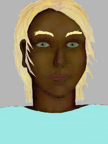 a portrait of a person with chocolate skin, blonde hair, and a light turquoise coloured shirt