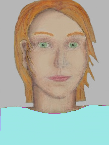 a portrait of a person with cream skin, red hair, and a light turquoise coloured shirt