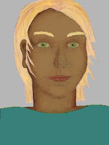 a portrait of a person with caramel skin, blonde hair, and a turquoise coloured shirt