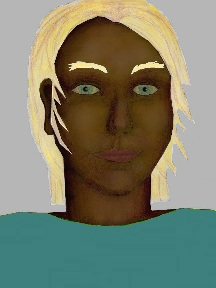 a portrait of a person with chocolate skin, blonde hair, and a turquoise coloured shirt