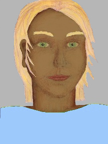 a portrait of a person with caramel skin, blonde hair, and a light blue coloured shirt