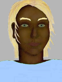 a portrait of a person with chocolate skin, blonde hair, and a light bluel coloured shirt