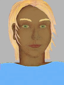 a portrait of a person with caramel skin, blonde hair, and a sky blue coloured shirt