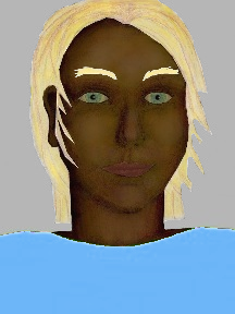 a portrait of a person with chocolate skin, blonde hair, and aeac sky blue coloured shirt