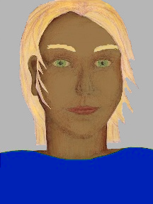 a portrait of a person with caramel skin, blonde hair, and a royal blue coloured shirt