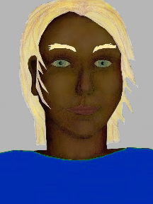 a portrait of a person with chocolate skin, blonde hair, and a royal blue coloured shirt