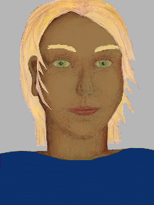 a portrait of a person with caramel skin, blonde hair, and a blue coloured shirt