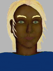 a portrait of a person with chocolate skin, blonde hair, and a blue coloured shirt
