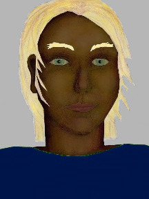 a portrait of a person with chocolate skin, blonde hair, and a navy blue coloured shirt