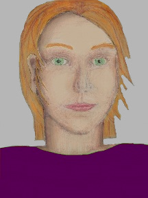 a portrait of a person with cream skin, red hair, and a purple coloured shirt