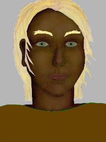 a portrait of a person with chocolate skin, blonde hair, and a brown coloured shirt