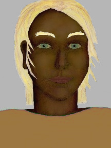 a portrait of a person with chocolate skin, blonde hair, and a siennacoloured shirt