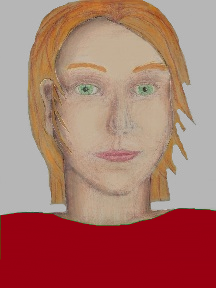 a portrait of a person with cream skin, red hair, and a red coloured shirt