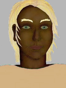 a portrait of a person with chocolate skin, blonde hair, and a tan coloured shirt
