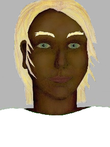 a portrait of a person with chocolate skin, blonde hair, and a whitel coloured shirt