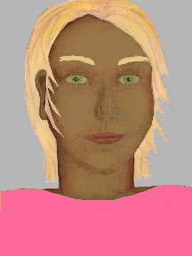 a portrait of a person with caramel skin, blonde hair, and a pink coloured shirt