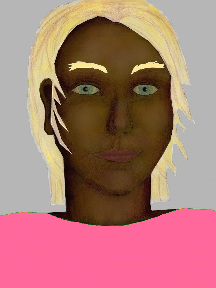 a portrait of a person with chocolate skin, blonde hair, and a pink coloured shirt