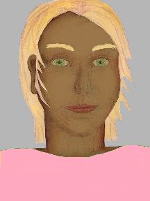 a portrait of a person with caramel skin, blonde hair, and a light pink coloured shirt