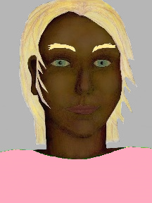 a portrait of a person with chocolate skin, blonde hair, and a light pinkl coloured shirt