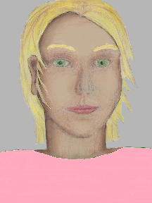 a portrait of a person with cream skin, blonde hair, and a light pink coloured shirt