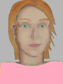 a portrait of a person with cream skin, red hair, and a light pink coloured shirt