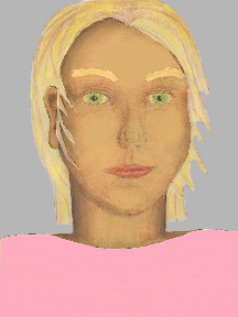 a portrait of a person with golden skin, blonde hair, and alight pink coloured shirt