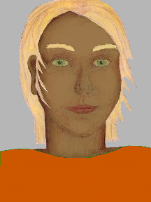 a portrait of a person with caramel skin, blonde hair, and a orange coloured shirt