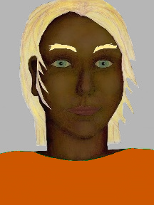 a portrait of a person with chocolate skin, blonde hair, and a orangel coloured shirt