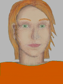 a portrait of a person with cream skin, red hair, and a orange coloured shirt