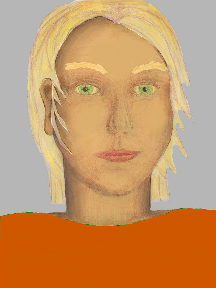 a portrait of a person with golden skin, blonde hair, and a ornge coloured shirt
