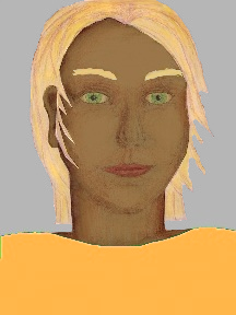 a portrait of a person with caramel skin, blonde hair, and a yellow-orange coloured shirt
