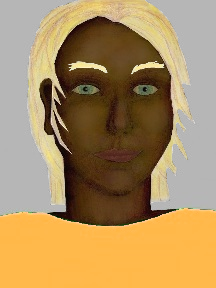 a portrait of a person with chocolate skin, blonde hair, and a yellow orange coloured shirt