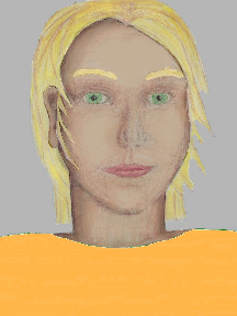 a portrait of a person with cream skin, blonde hair, and a yellow-orange coloured shirt