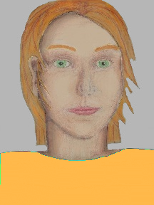 a portrait of a person with cream skin, red hair, and a light orange coloured shirt