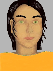 a portrait of a person with golden skin, black hair, and a yellow-orange coloured shirt