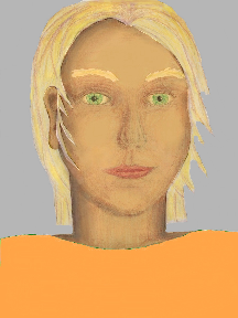 a portrait of a person with golden skin, blonde hair, and a yellow-orange coloured shirt