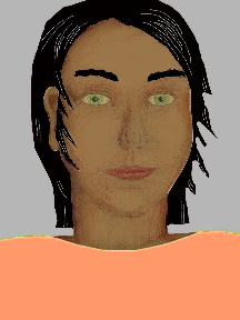 a portrait of a person with caramel skin, black hair, and a peach coloured shirt