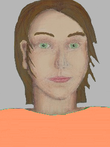 a portrait of a person with cream skin, brown hair, and a peach coloured shirt
